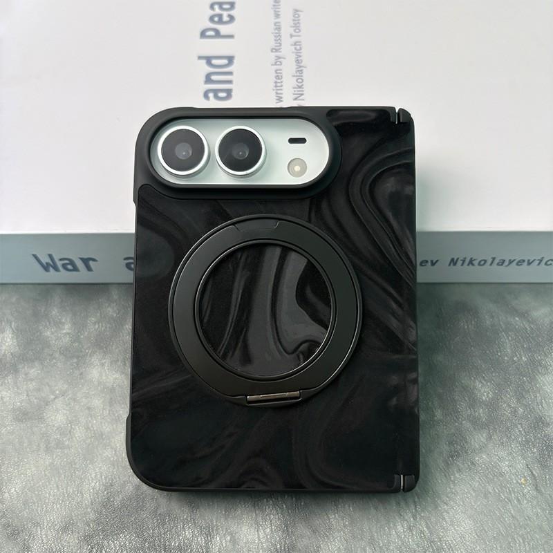 IPhone 18 Duo Foldable Phone Case With 360 Rotating Stand Magnetic Mid-Hinge Full-Body Leather Cover Anti-Drop Protection