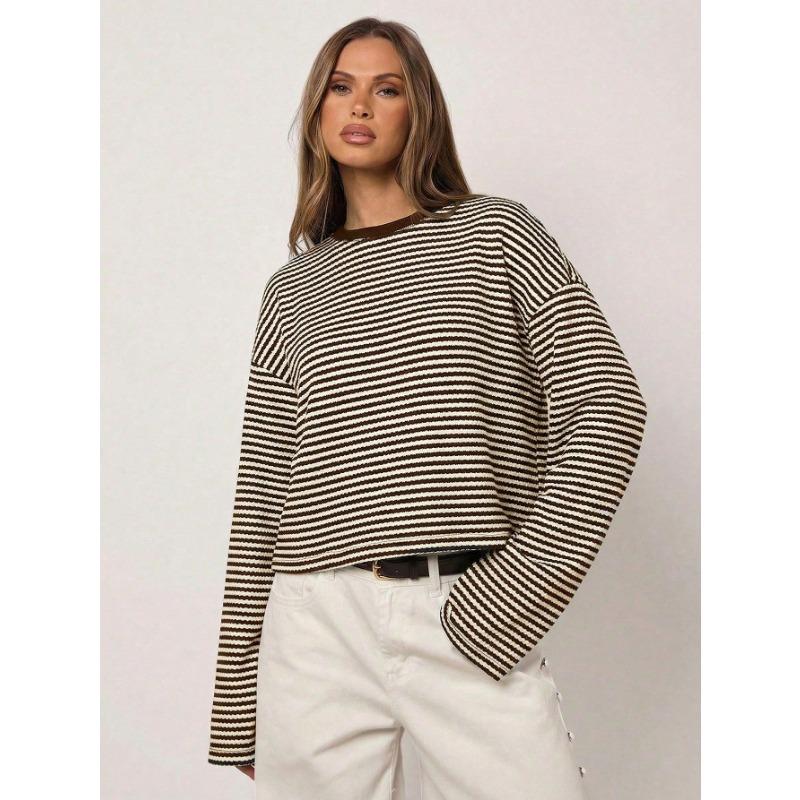 Womens Striped Knit Long Sleeve Loose T Shirt