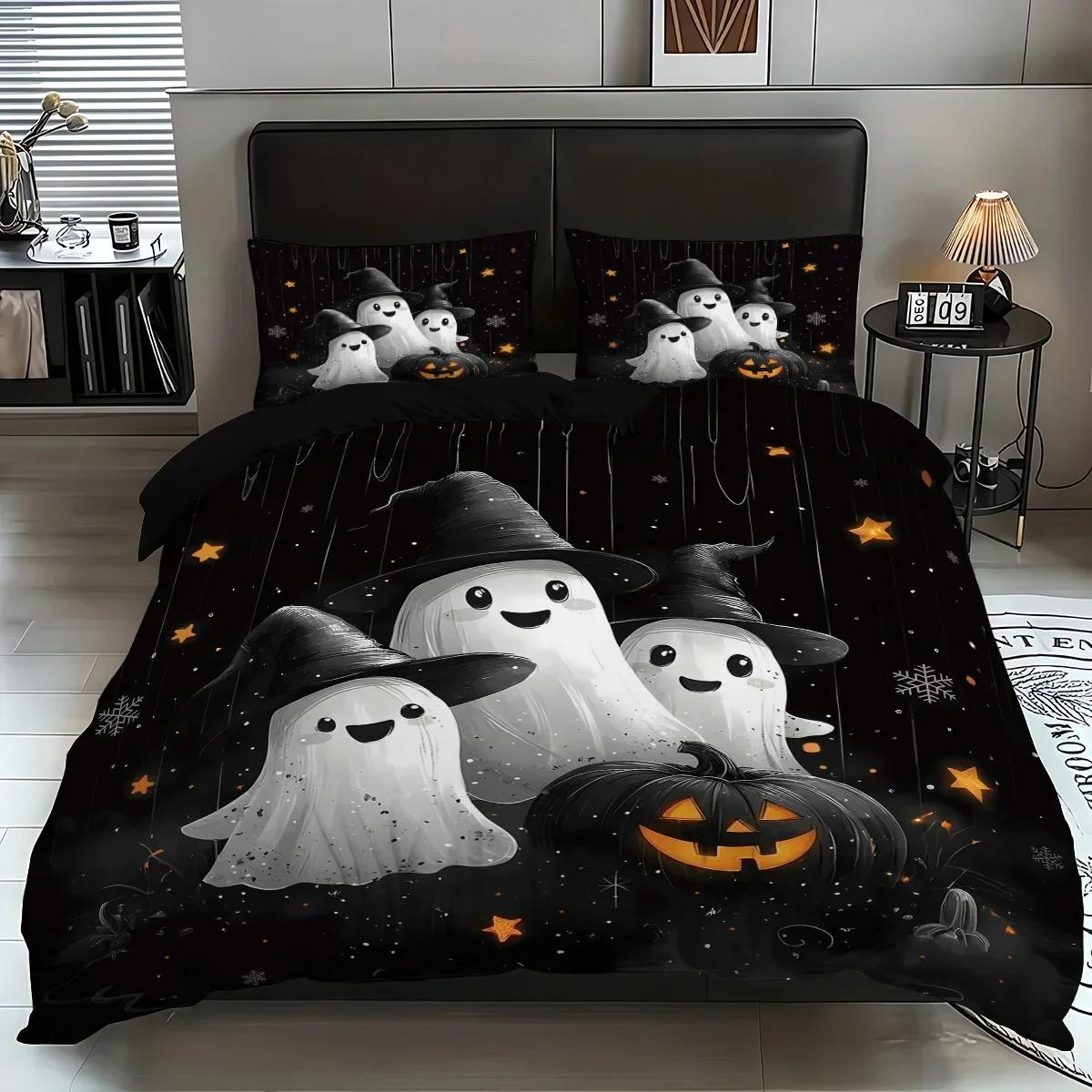 

3-piece Halloween themed pumpkin ghost castle pattern 1 quill cover+2 pillowcases coreless soft and comfortable bedding set US Twin(172x218cm)