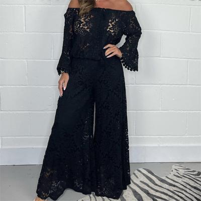2 Pcs/Set Women Top Pants Set Hollow Out Lace Off Shoulder Loose Long Sleeve Blouse Flower Pattern High Waist Wide Leg Elastic Waist Trousers Lady