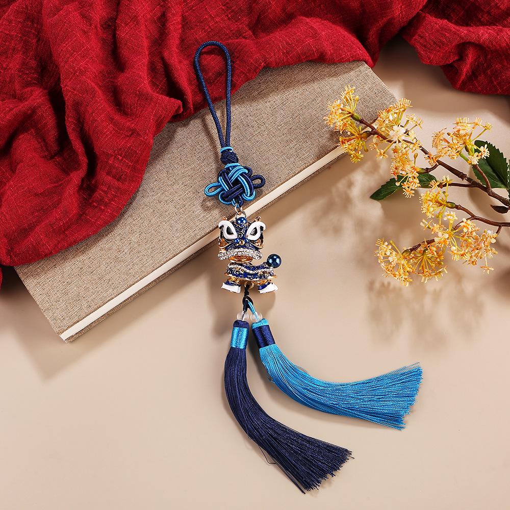 Chinese Lion Dance Car Pendant with Double Tassels and Rhinestone - Foshan Cultural Gift