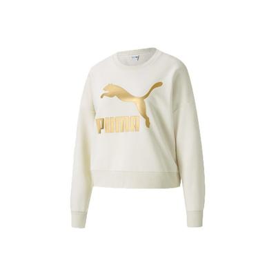 Classics Metallic Gold Big Logo Print Sport Crew Neck Sweatshirt Women Tops Ivory 531382-73