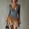 Women's Spring/Summer Long Sleeve Knit V-Neck Short Dress Sweater Mini Skirt