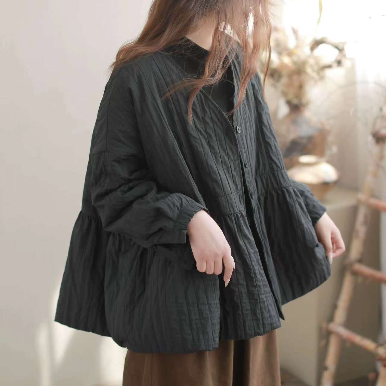 

Johnature Женское зимнее модное винтажное пальто с V-образным вырезом, свободное однобортное однотонное с длинными рукавами чёрный