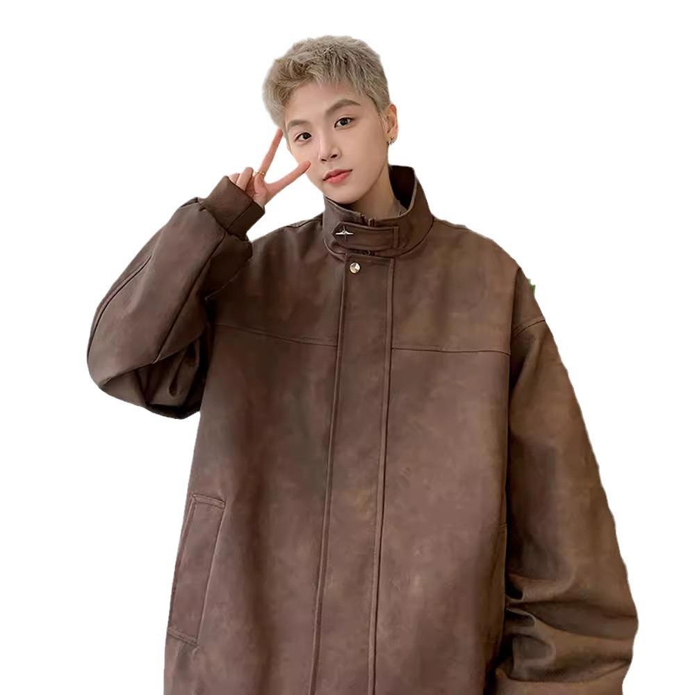 pu leather jacket men's spring new American retro high street trendy brand ruffian handsome high-end loose stand-up collar jacket