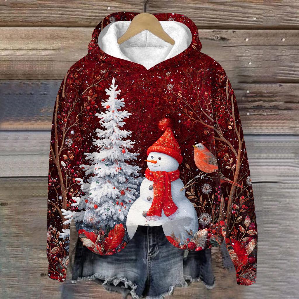 Women's Fashion Long Sleeve Christmas Print Loose Hooded Sweatshirt Top