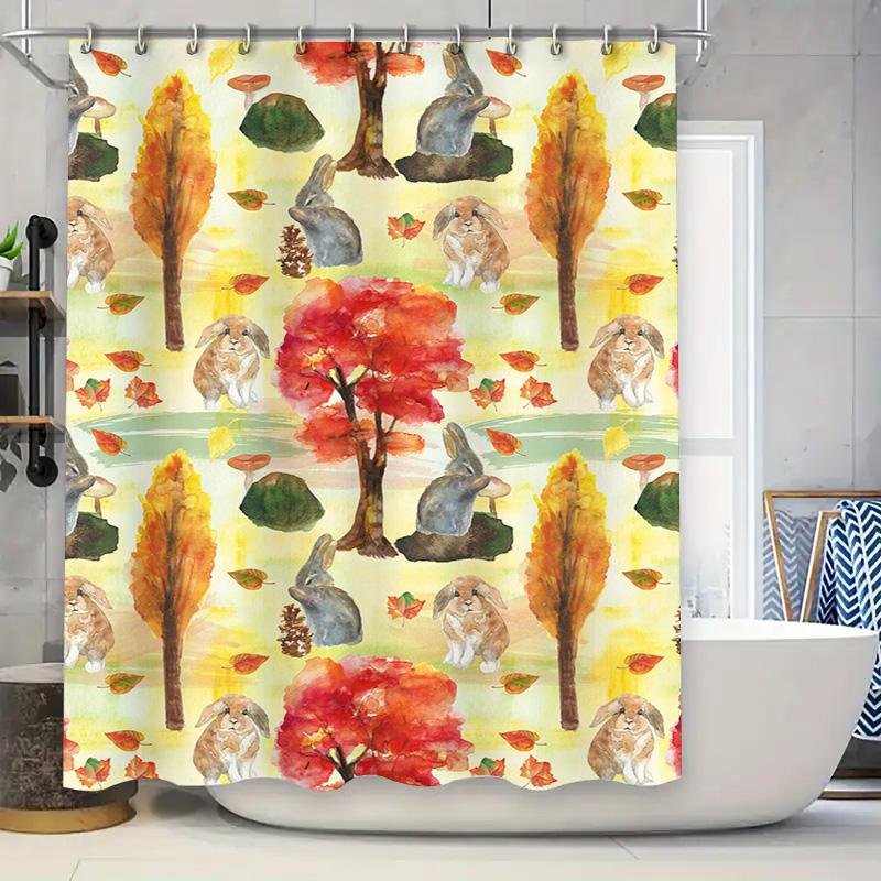 Vivid Fall Forest Animal Print Shower Curtain Rabbit, Maple Leaf Mushroom Design for Bathroom Decor 90x180cm