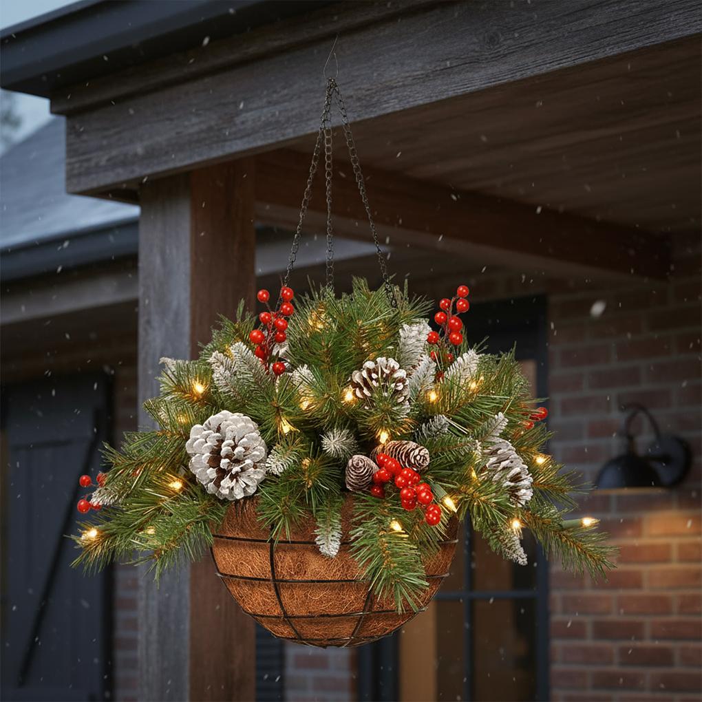 Νέο Τεχνητό Κρεμαστό Καλάθι Λουλουδιών Χριστουγεννιάτικο Κρεμαστό Πράσινο Κόκκινο Στεφάνι Φυτό Διακοσμητικά Δέντρου Χριστουγεννιάτικη Διακόσμηση 60CM*30CM