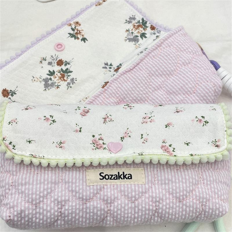 Sweet Floral Pencil Case With Lanyard Handbag Girly Cosmetic Bag Large Capacity Portable Storage Bag Student Stationery Bag Gift
