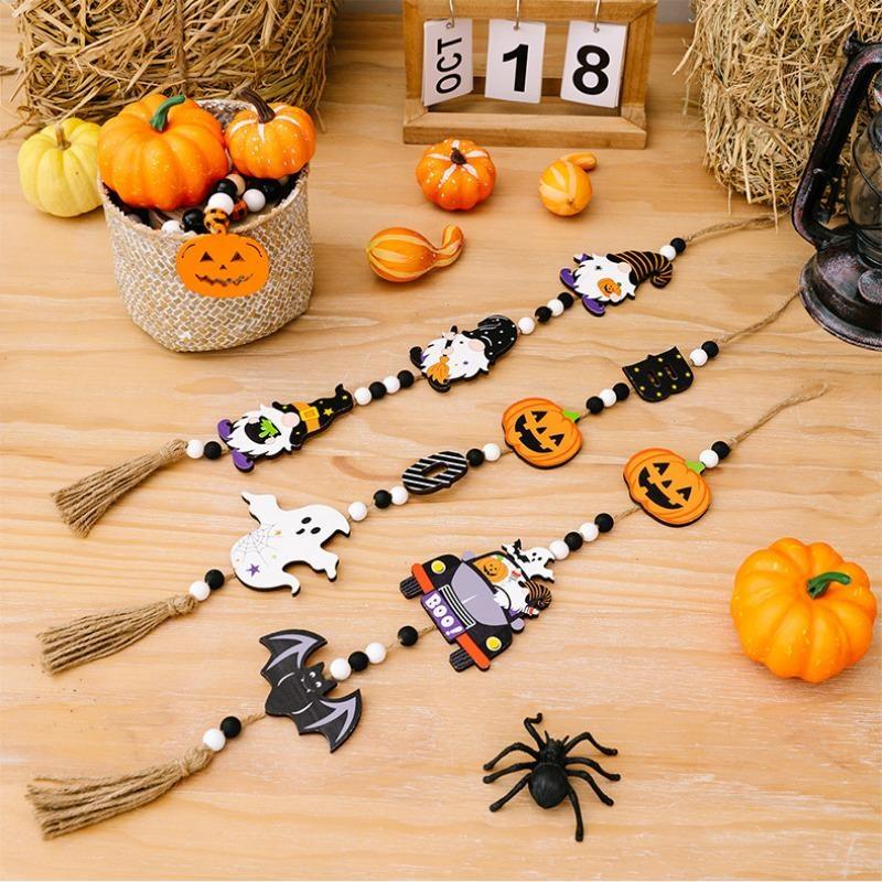 Halloween Decoration Prop Wooden Beads Pendant Gnome Pumpkin Bat Ghost Hanging Ornaments For Wall Home Party Supplies Gift