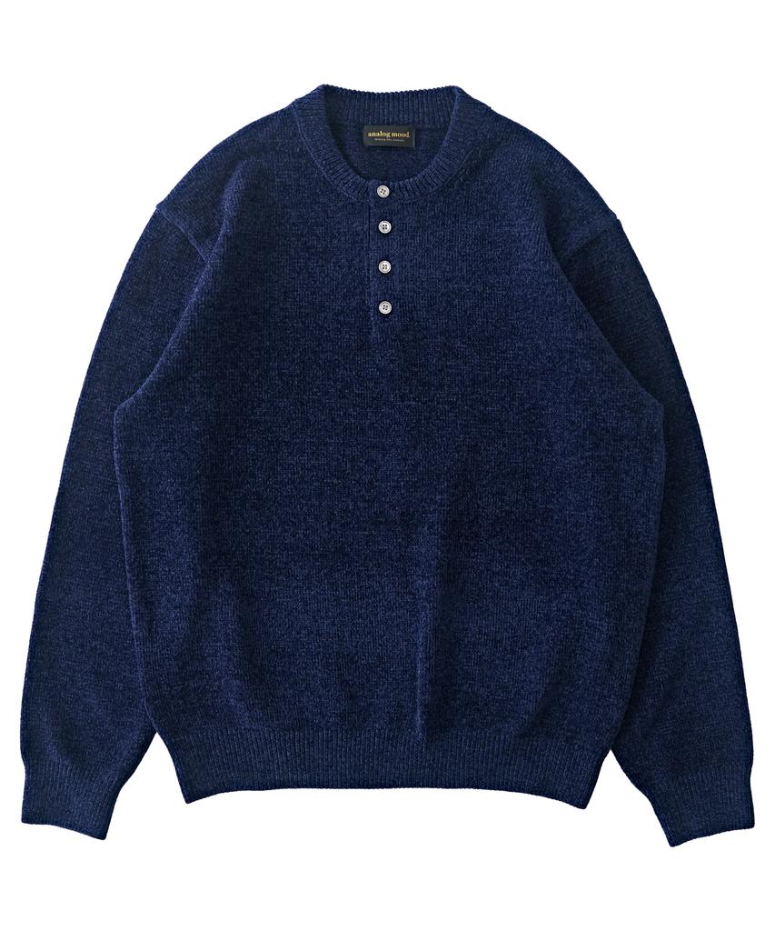 ANALOG MOOD Velour Refined Henley Neck Round Knit (Navy)