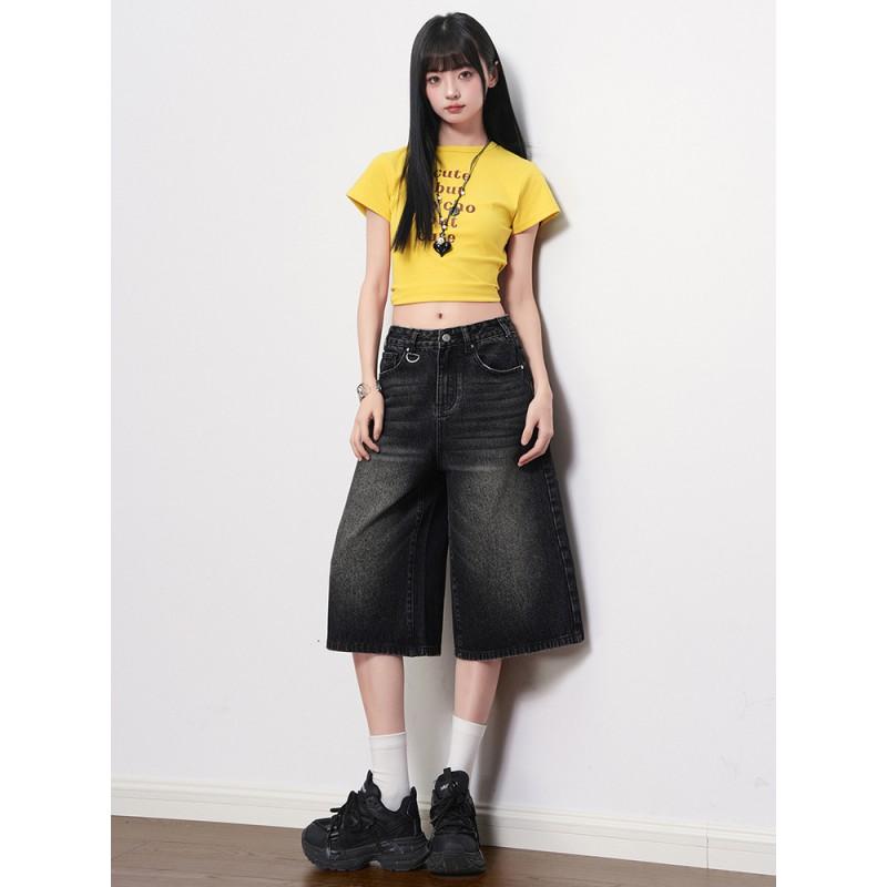 High-Waisted Washed Black Grey Denim Cropped Wide-Leg Pants Women Straight Fit 2026