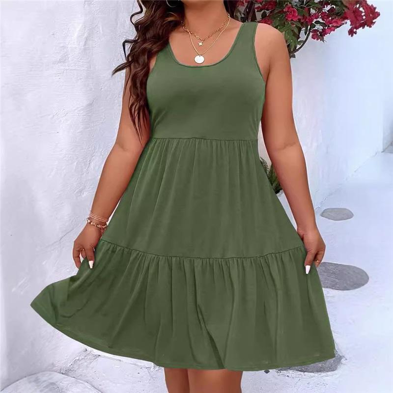 European And American Summer Plus Size Women's Casual Commuter Solid Color Sleeveless Mid Length Dress
