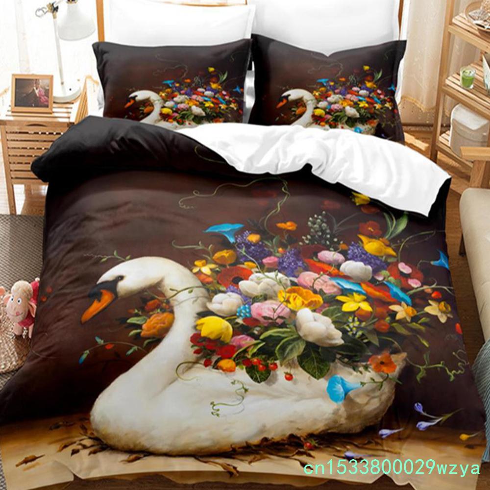 Swan Rose Queen Bedding Set Duvet Cover Set Bedding Digital Printing Bed Linen King Size Duvet Cover Set Bedding Set