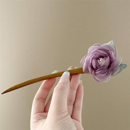 Hair Stick 3D Mesh Yarn Rose Flower Decor Bun Hair Stick Easy to Wear Hair Organizer Clip Hair Styling Accessory