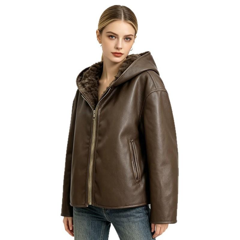Womens Reversible Faux Fur Jacket With Hooded Design 2026 OL Style Long Sleeve Coat Office Commute