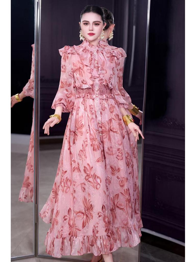 Stand Collar Long Sleeve Ruffle Waist Courtly Light Skirt - Spring 2026 Women's Collection