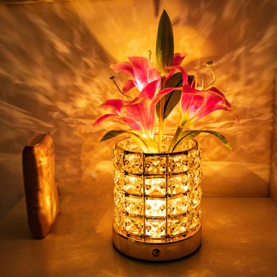 Yousheng Decorative Lights Lily Table Lamp USB Rechargeable Acrylic Crystal Vase Lamp with 3 Color Touch Dimmable Night Light for