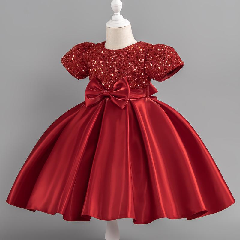 

Вечернее платье для девочек с пайетками, атласное, с короткими рукавами - Пышный костюм премиум-класса на день рождения 110 cm