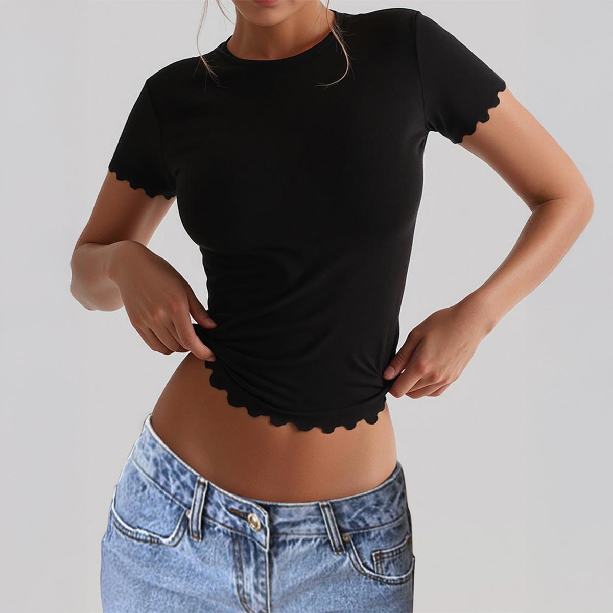 European and American fashion explosion Y2K yoga solid color short-sleeved T-shirt top summer TEMU women s clothing S чёрный