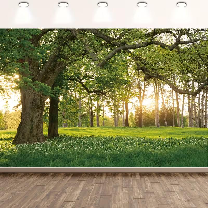 2D Spring Meadow Backdrop with Blooming Flowers and Sunset Party Banner Decor 47.2x31.5inch/120*80cm