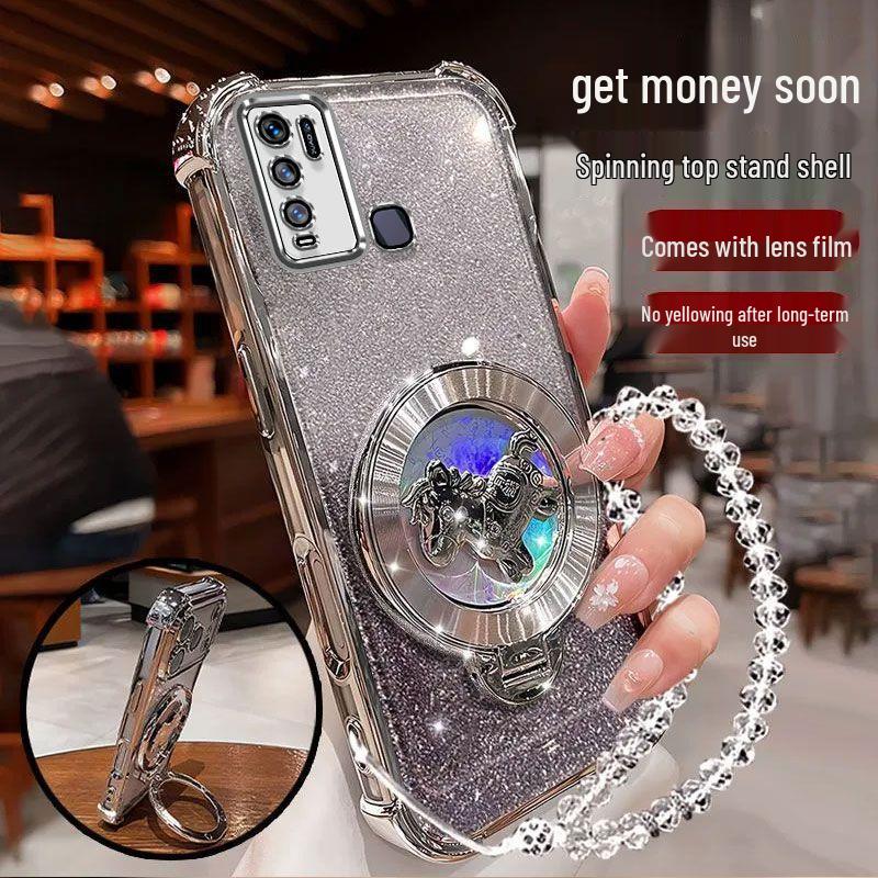 

Vivo Y50/Y21S/Y20 Creative Rotating Horse Bracket Case, Four-Corner Electroplated Drop-Proof Airbag Design vivo Y16 4G
