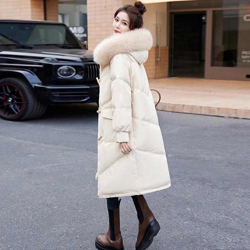 

Пуховик Pinghu женский Changdong новая мода большой меховой воротник теплый застежка-рог выше колена чтобы скрыть мясо пуховик из белого утиного пуха тренд XS