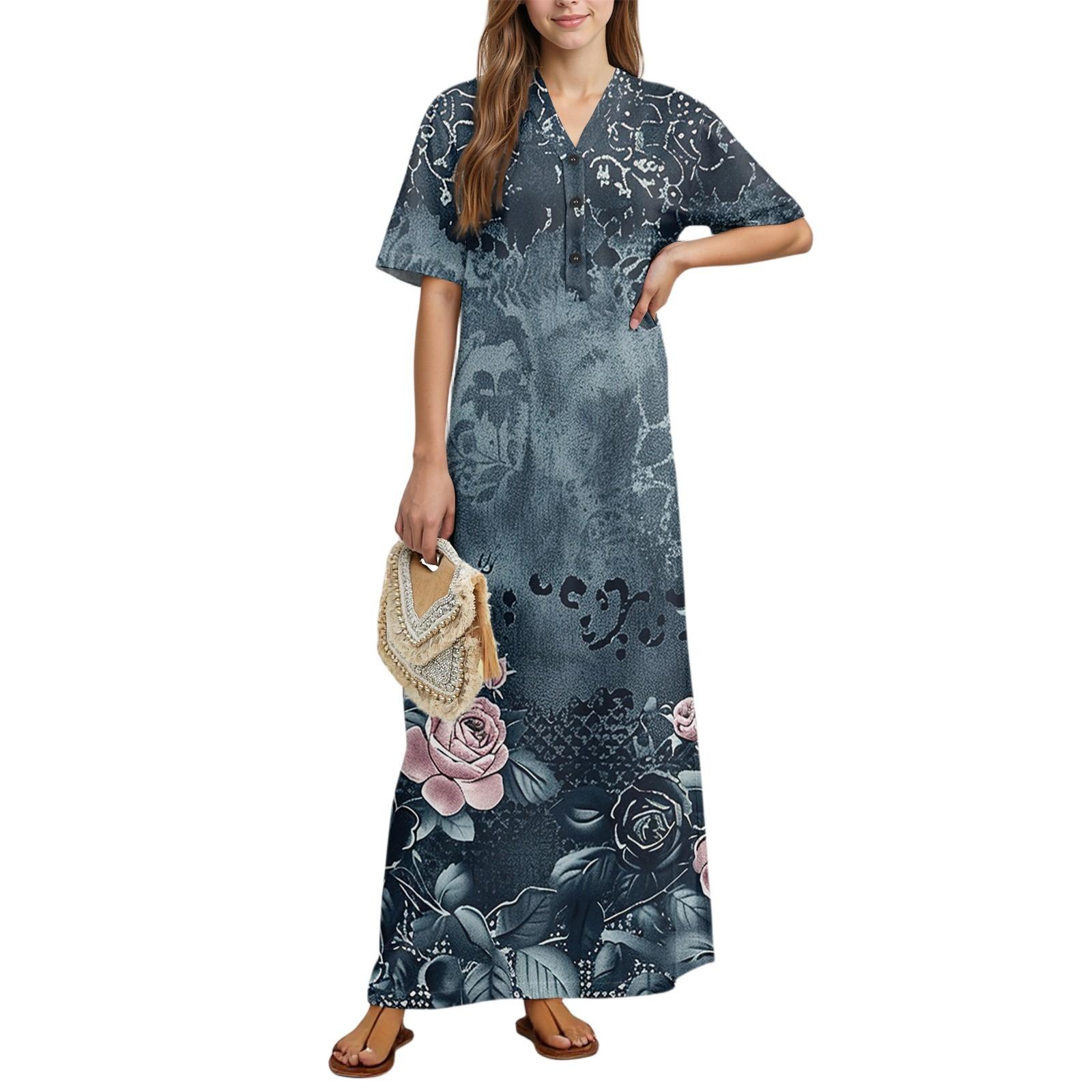 

Женская мода принт ночная рубашка домашняя одежда короткий рукав ночная рубашка с карманами длинное платье XL тёмно-синий