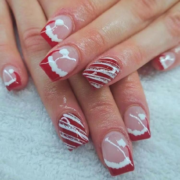 Lines False Nails Short Square Full Cover Stick On Nails Christmas Press On Nails Manicures Supplies