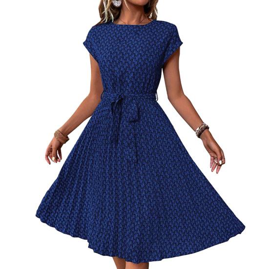 

Женское платье миди с цветочным принтом, повседневное платье-трапеция с круглым вырезом, короткими рукавами и поясом, летнее пляжное плиссированное платье-сарафан S королевский синий