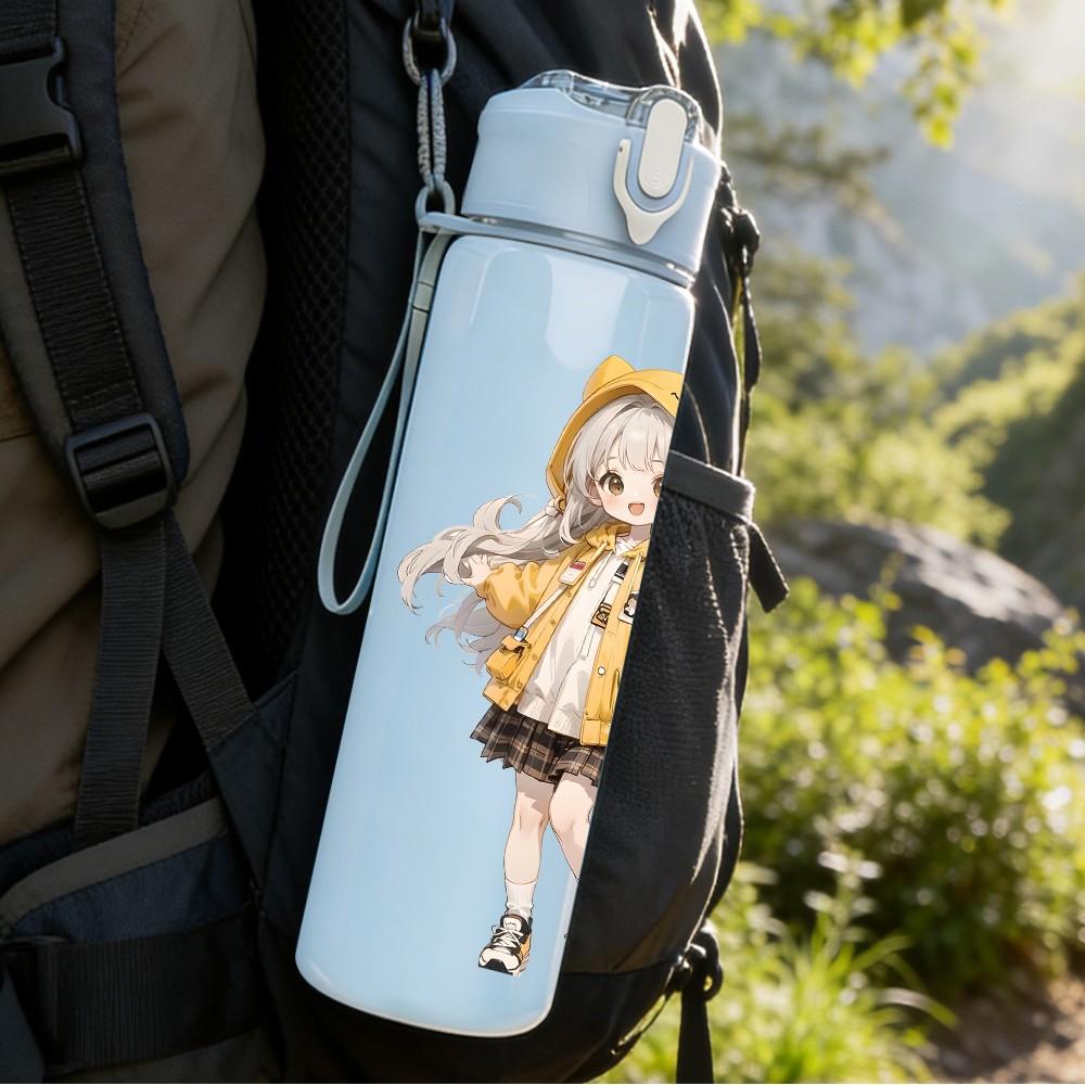 1PC Hooded Girl Autumn Outfit Pattern 750ml Color Plastic Sports Water Bottle Leakproof Flip Straw Lid Suitable for Sports Office Home Use
