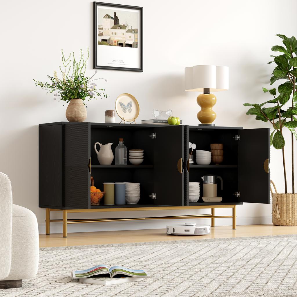 Sideboard with Raised Texture 160cm, with Four Doors, Golden Brushed Handles and High-Gloss Table Legs, Black, 160×40×82cm(old Sku N657P28156667S)