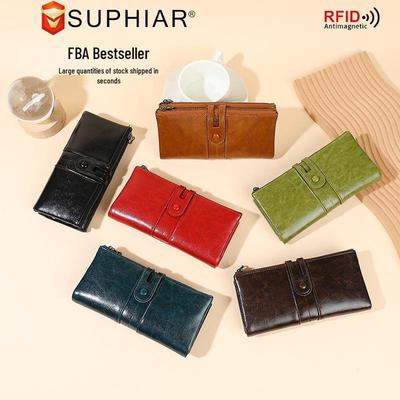 2025 RFID-Blocking Anti-Magnetic Women's Retro Oil Wax Leather Clutch/Long Wallet.