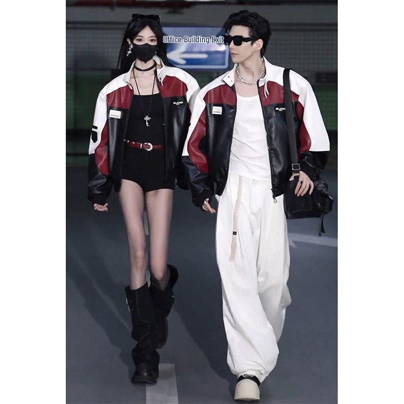 

Men s PU Leather Motorcycle Jacket - Color Block Patchwork, Spring/Autumn Racing Suit, Couple s Outfit, Pilot Style XL
