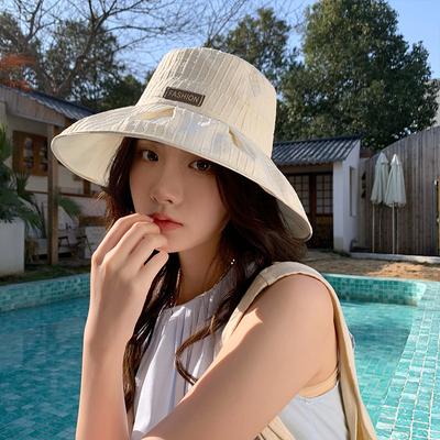 Summer Hat Women's Fashion Letter Plaid Bucket Hat Sun Visor Big Edge Folding Windproof Sun Hat