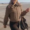 Lapel Women Jacket Winter Coat Thick Plush Solid Color Long Sleeve Zip Up Soft Warm Pockets Casual Elastic Cuff Outdoor Short Cold Weather