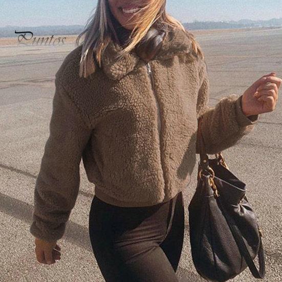 Lapel Women Jacket Winter Coat Thick Plush Solid Color Long Sleeve Zip Up Soft Warm Pockets Casual Elastic Cuff Outdoor Short Cold Weather