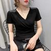 Women's Black Glitter Cross V Neck Rhinestone Shoulder Slim Short Sleeve T-shirt