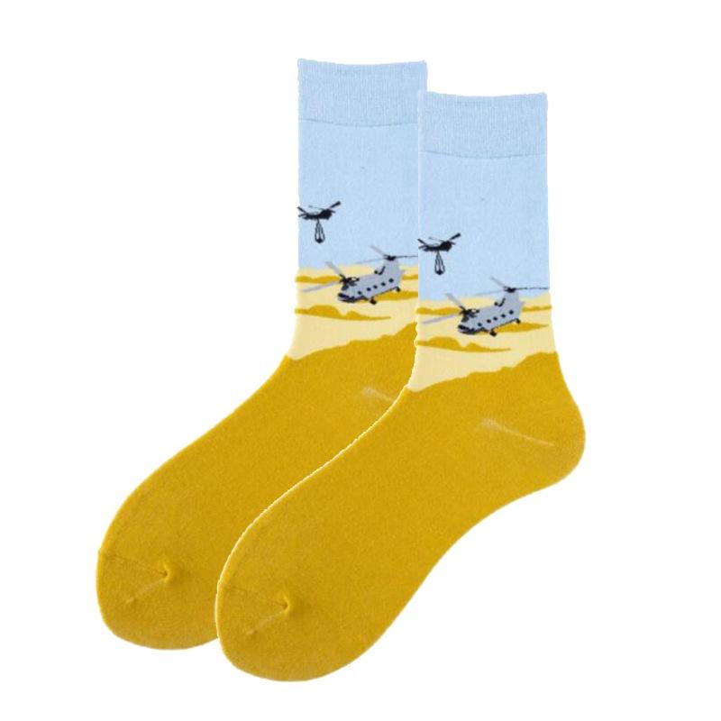 1Pair Funny Ins Astronaut Airplane Heavenly Body Middle Tube Men Happy Socks Streetwear Cotton Male Skateboard Boys Adult Sox