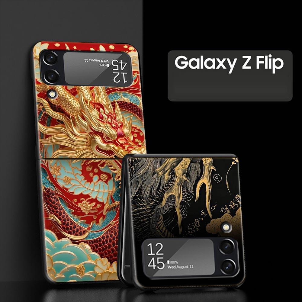 Chinoiserie Loong Flower Dragon Hard PC Phone Case For Samsung Galaxy Z Flip 7 6 5 4 Black Cover For Galaxy Z Flip 3 Foldable