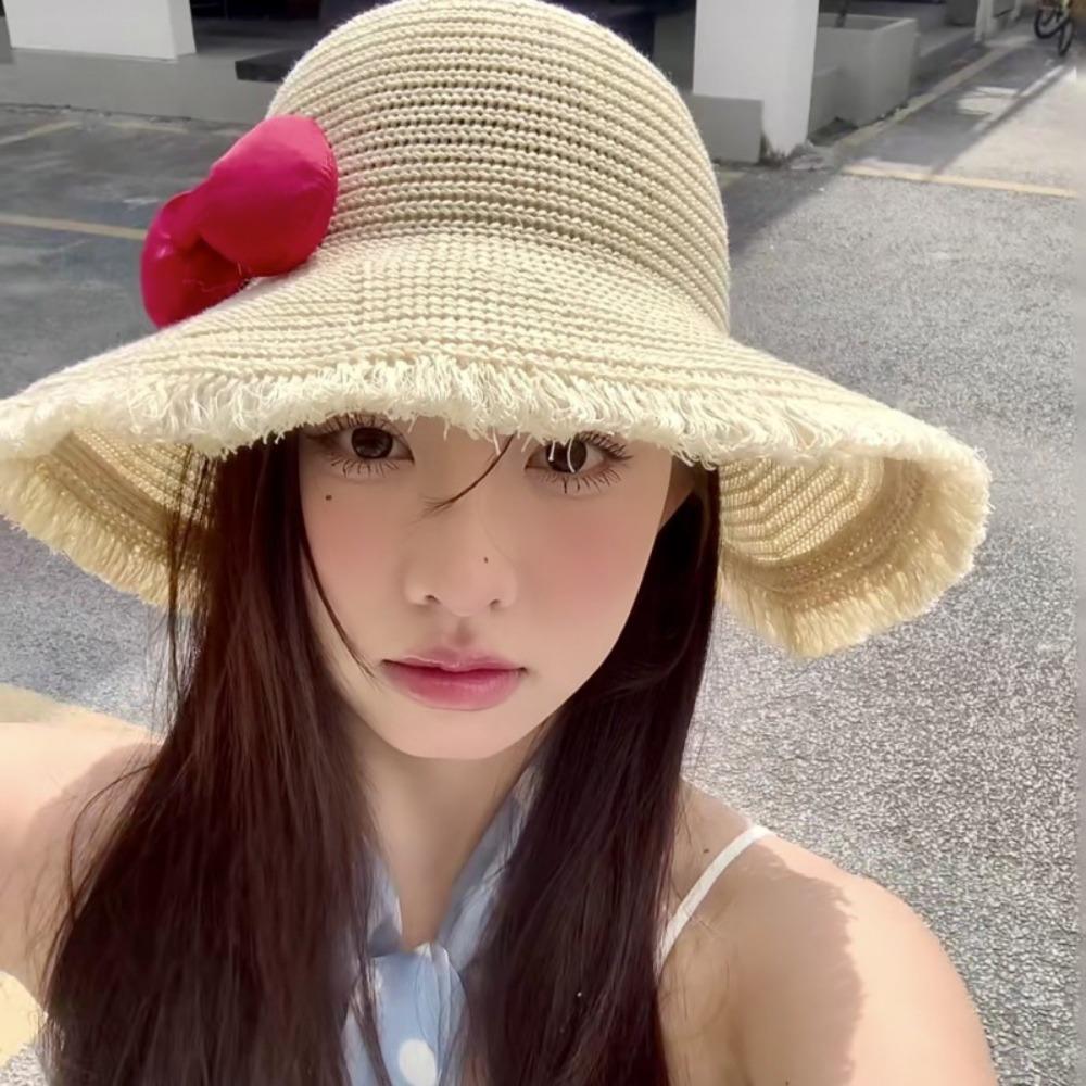 Breathable Woman's Straw Hat Elegant Lace Brim Sunshade Cap Casual Big Bowknot Sun Hat  Girls