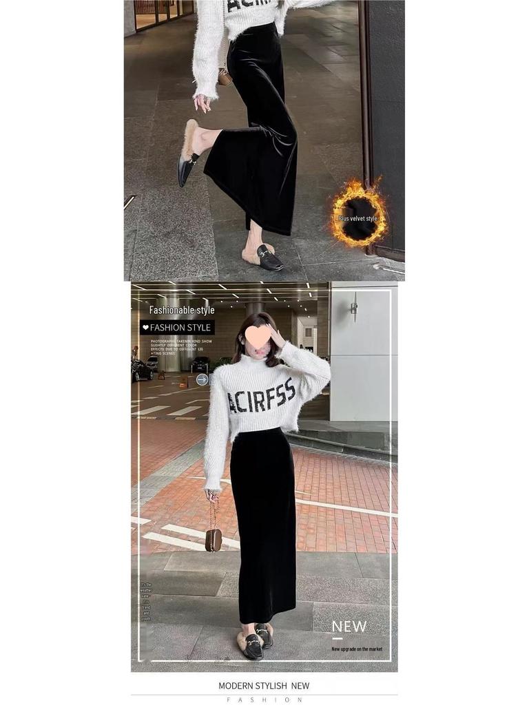 Retro Black High-Waisted Velvet Midi Skirt with Slit – Perfect for Autumn and Winter