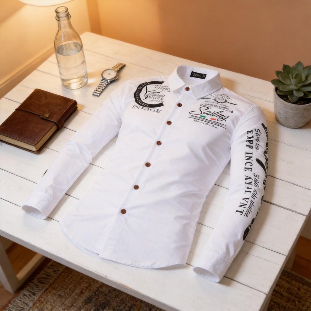 Mens Casual Long Sleeve Shirt With Print Collar And Button Closure