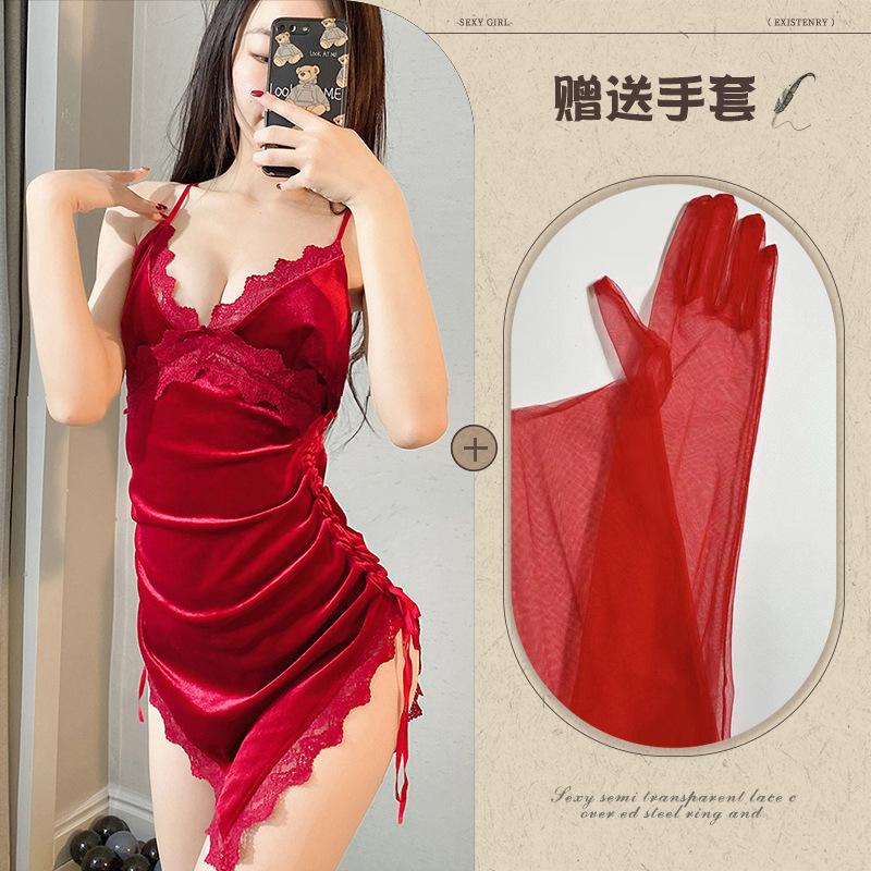 Night listening incense new sexy underwear velvet cross lace-up nightdress backless slit temptation pajamas passion loungewear