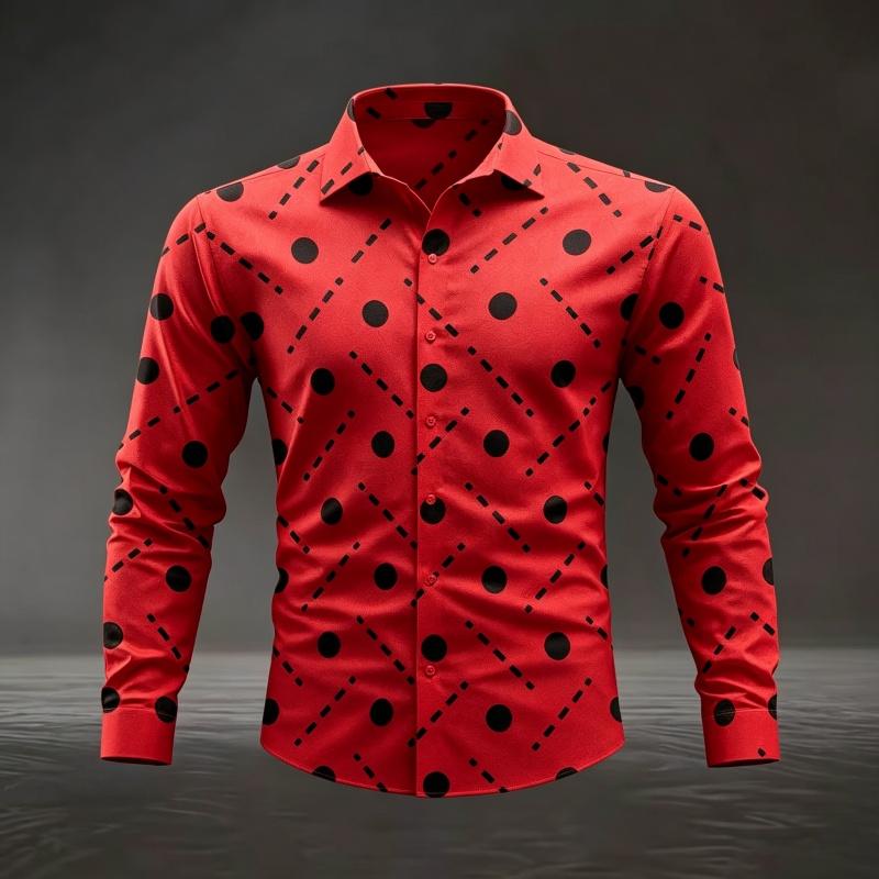 Men's Polka Dot and Dashed Line Print Long Sleeve Shirt Slim Fit Casual Tops