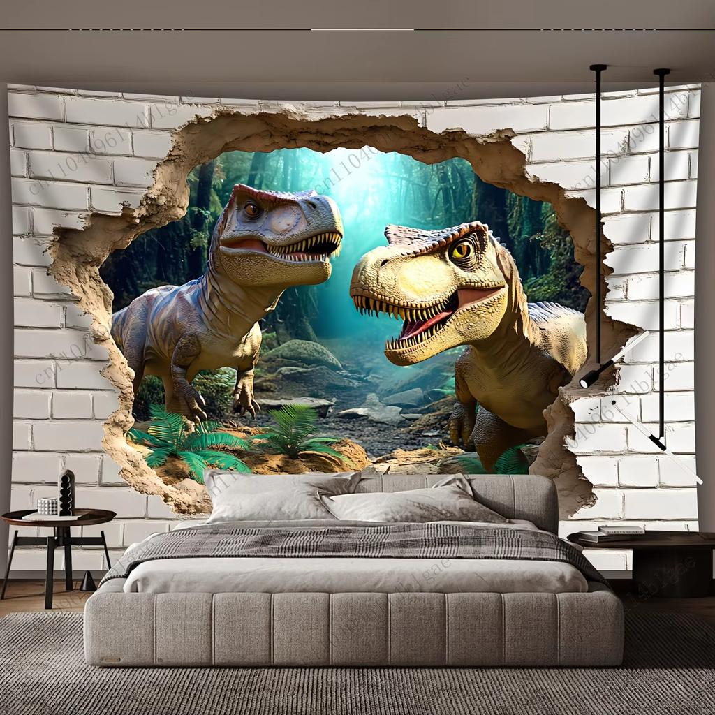 3d-Style Dino Image & Forest Backdrop Wallpaper Sticker Room Decorating Item Wall Tapestry