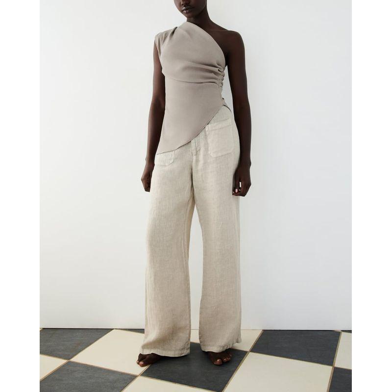 Spring New Arrival Waist-Tight Slim Looking Asymmetrical off-the-Shoulder Ruched Decoration Asymmetric Tops 0085402