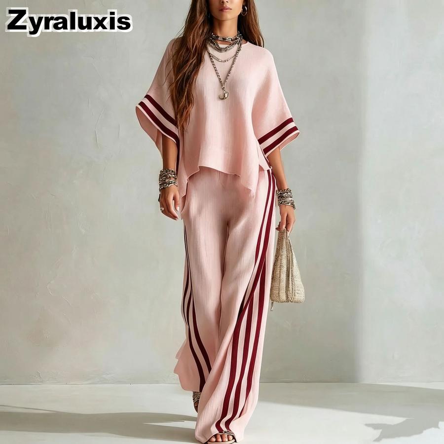 Summer New Women's Striped Patchwork Irregular Hem Casual Wide Leg Pants Two Piece Set