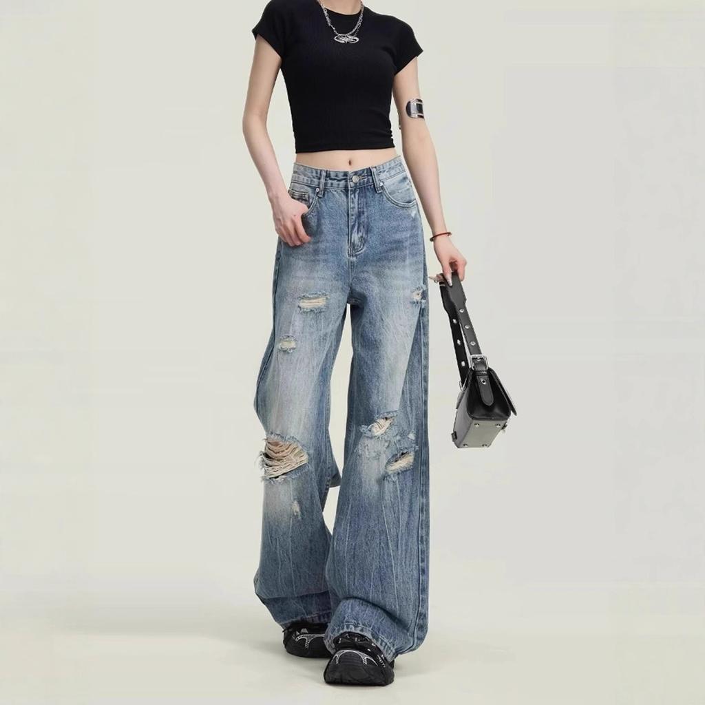 Fashionable Comfortable Ripped Jeans Women Plus Size Pear-shaped Figure Loose Skinny Straight Wide Leg Trousers Jeans for Women Long Denim Pants
