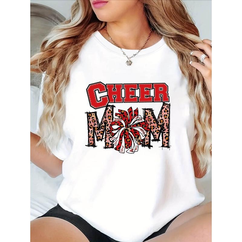Plus Size, CHEER MOM Graphic Print Plus Size Women s T-shirt, Short Sleeve Crew Neck Casual Top for Summer & Spring, Women s Clothing S белый